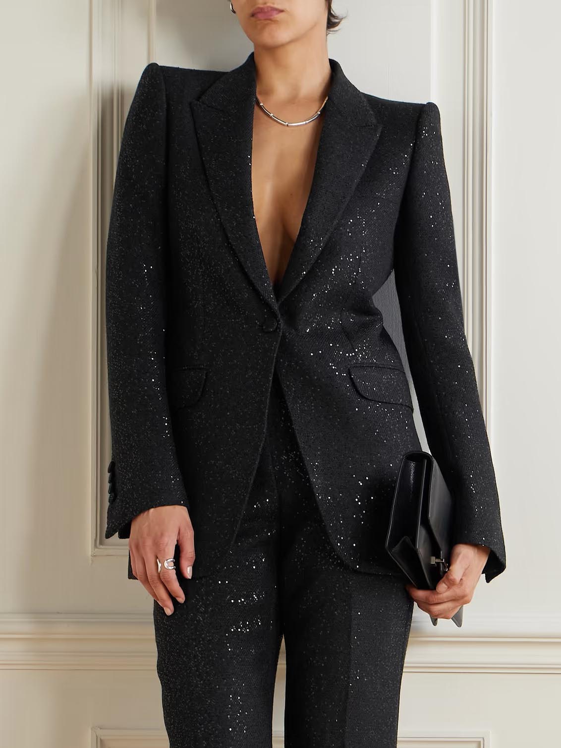 Exquisite Sequin-Embellished Blazer Black