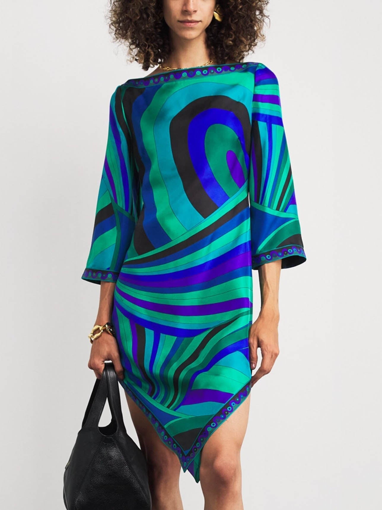Exquisite Satin Abstract Geometric Print Mini Dress Green