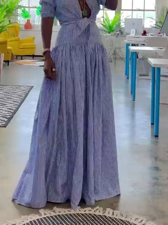 Striped Stand Collar Shirt And Skirt Suit-Skirt Blue