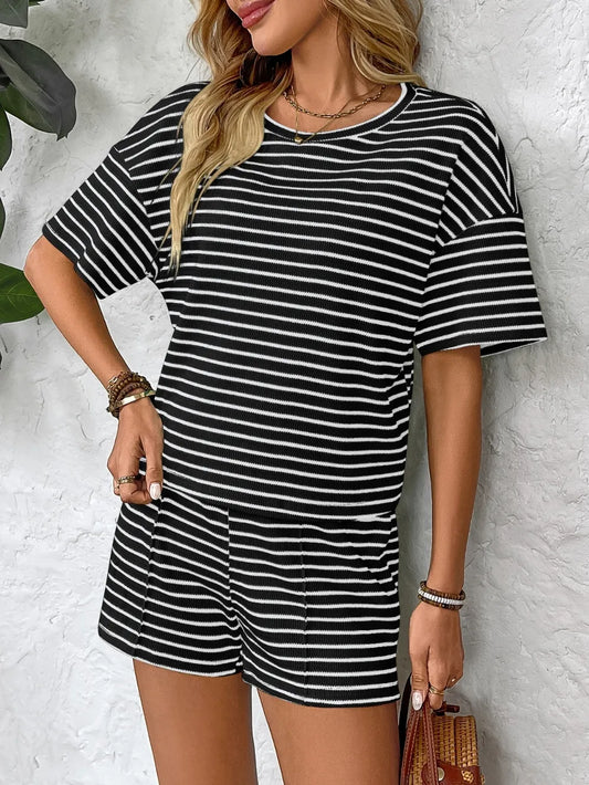 Striped Shorts Set - Round Neck