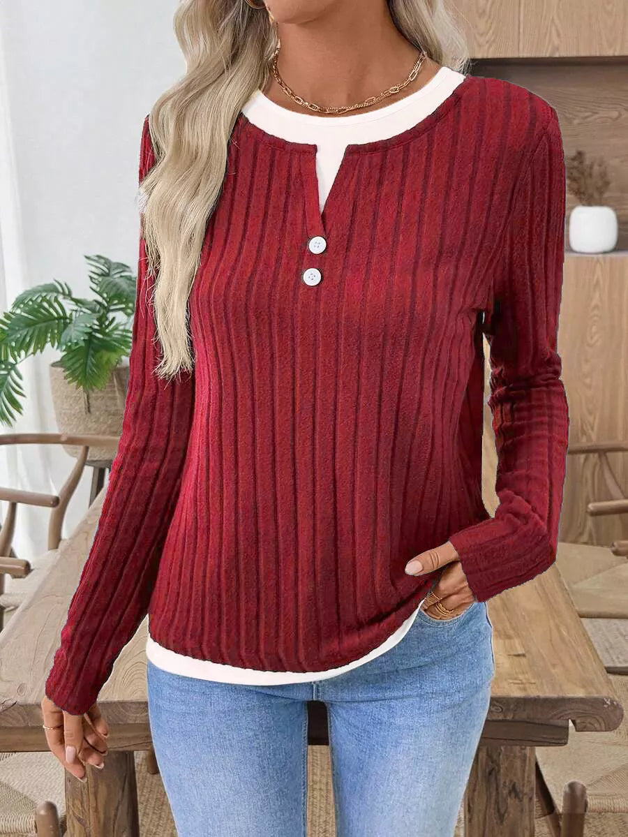 Ribbed Knit Long Sleeve Fake Two-Piece T-Shirt