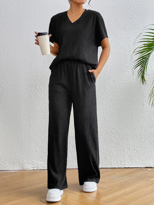 Black Classic V-Neck Two-Piece Set