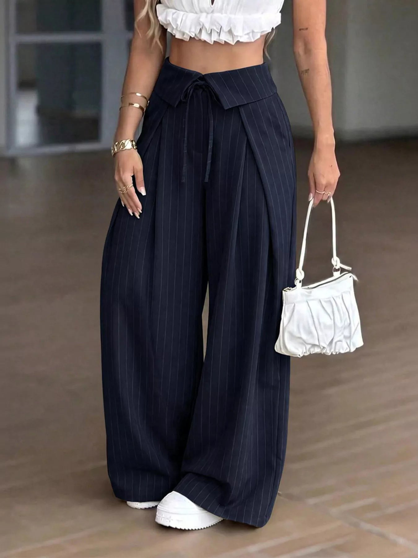 High-Waisted Wide-Leg Pinstripe Pants