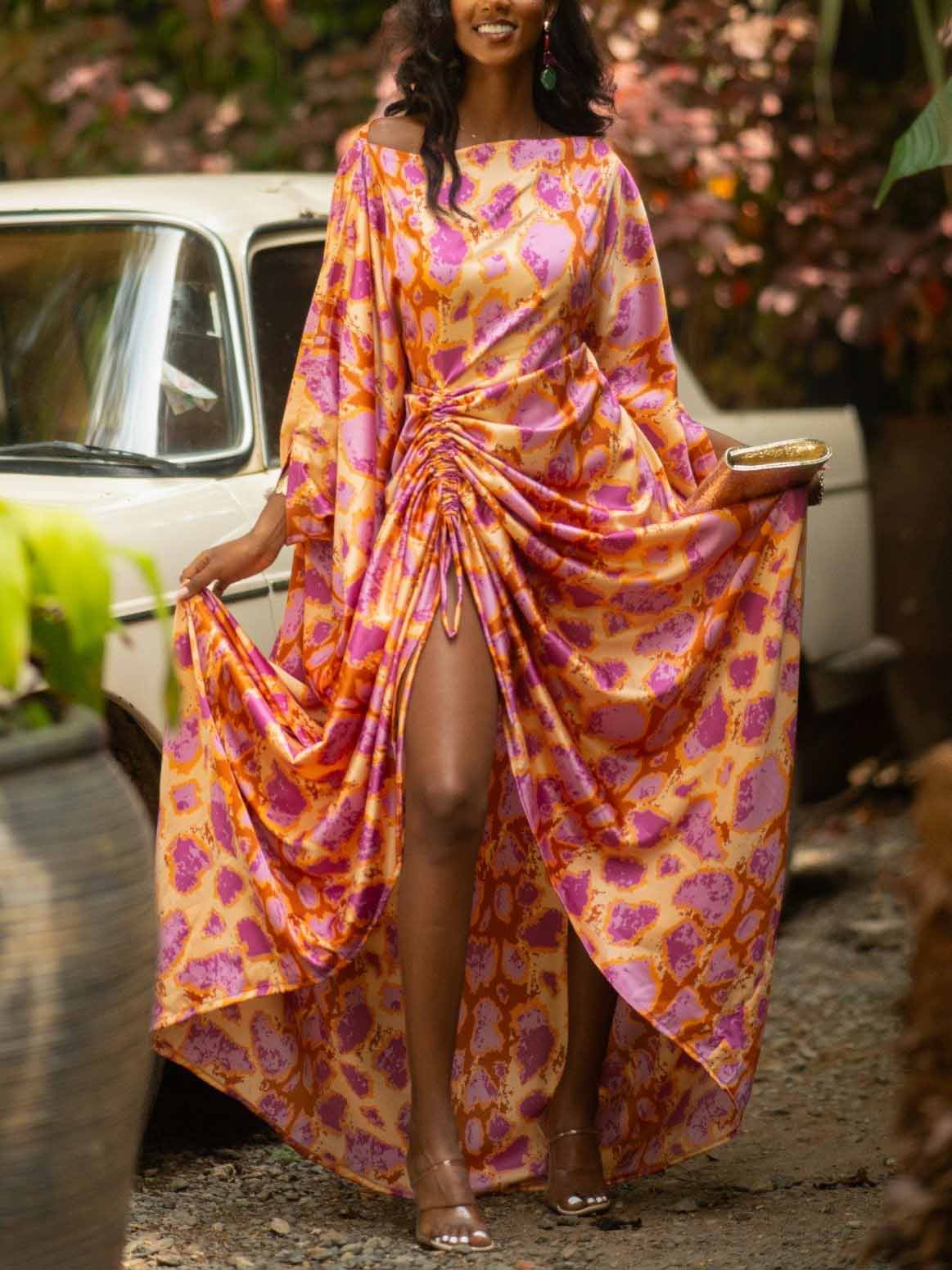 Vibrant Abstract Print Ruched High-Slit Maxi Dress Orange