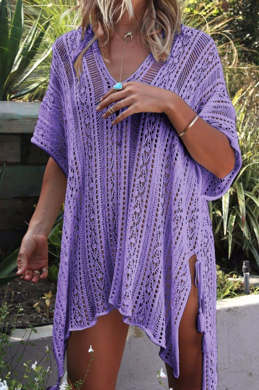 Cutout V-Neck Cover-Up with Tassel Lavender One Size