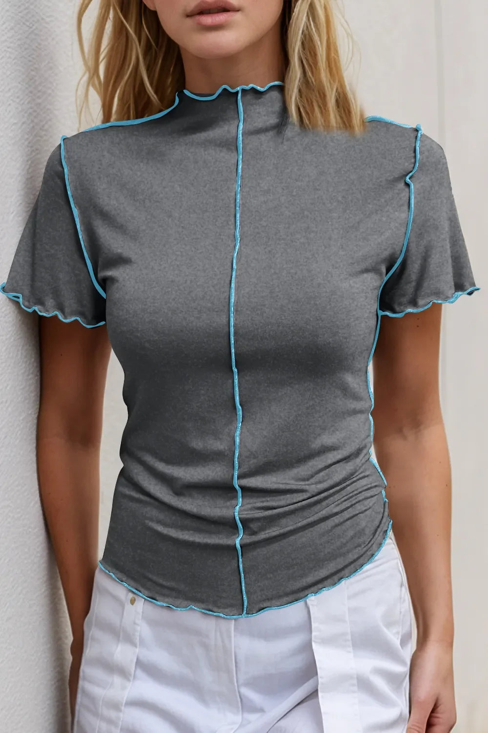 Basic Bae Mock Neck Wave Edge Contrast Stitching Ruffle Short Sleeve Tee Dark Gray
