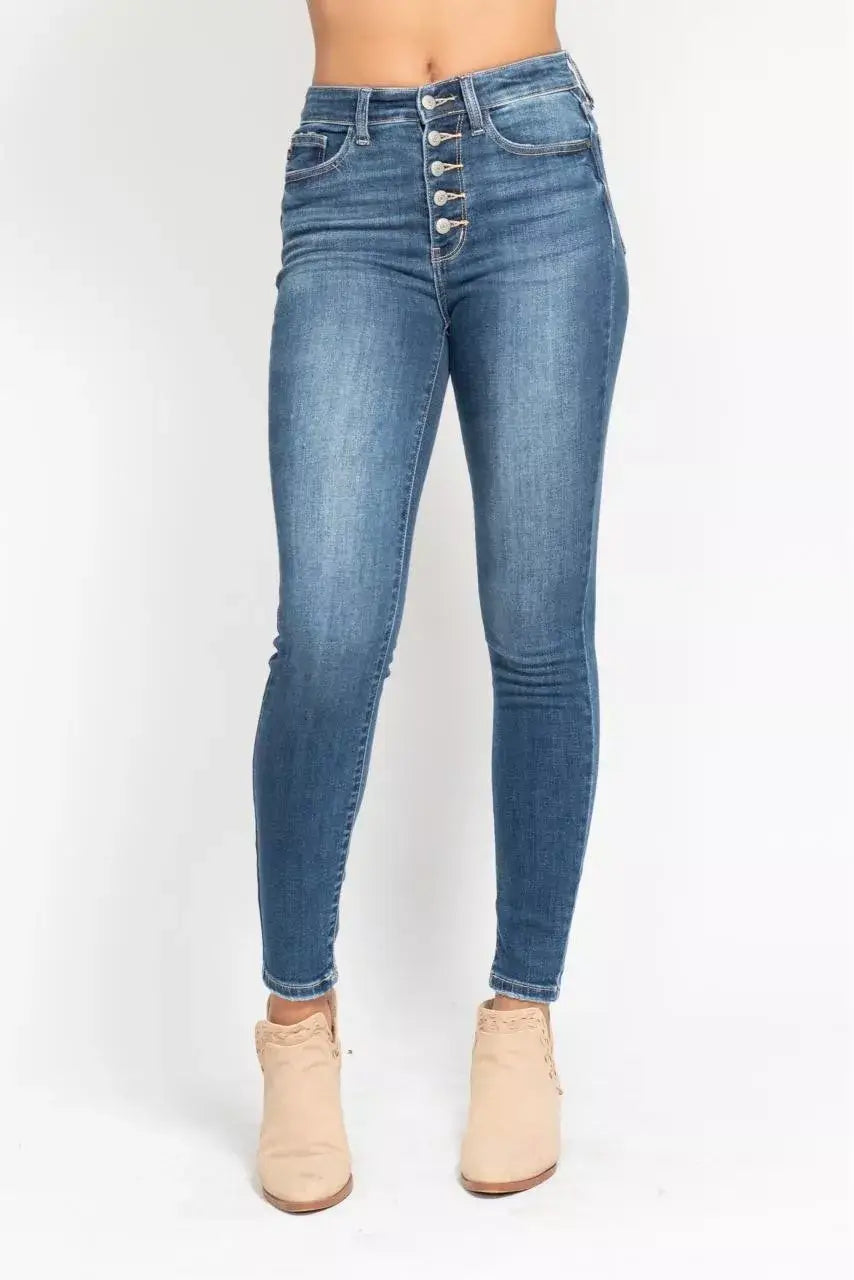 Dusty Dark Blue Full Size High Rise Button Fly Skinny Jeans Plus Size
