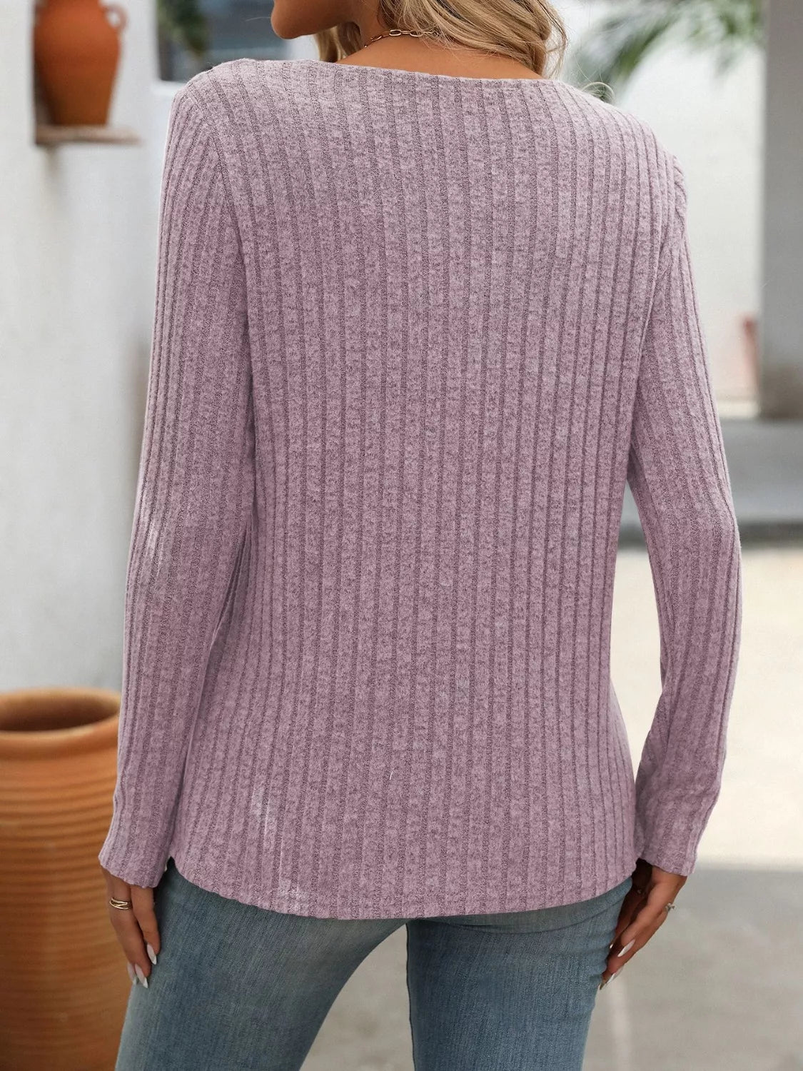 Ribbed Knit Long Sleeve Button Detail T-Shirt