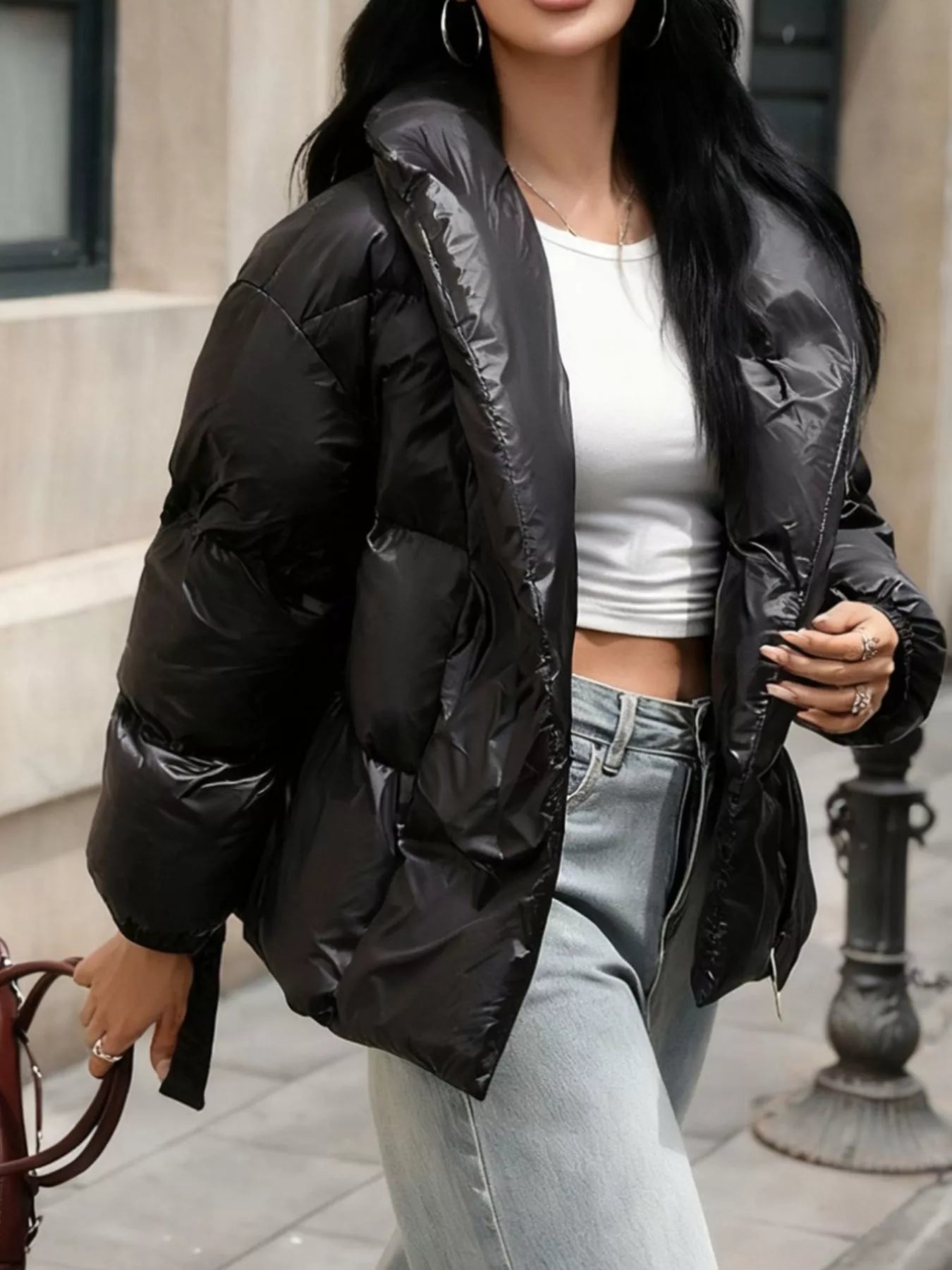 Silky Black Long Sleeve Belted Puffer Jacket