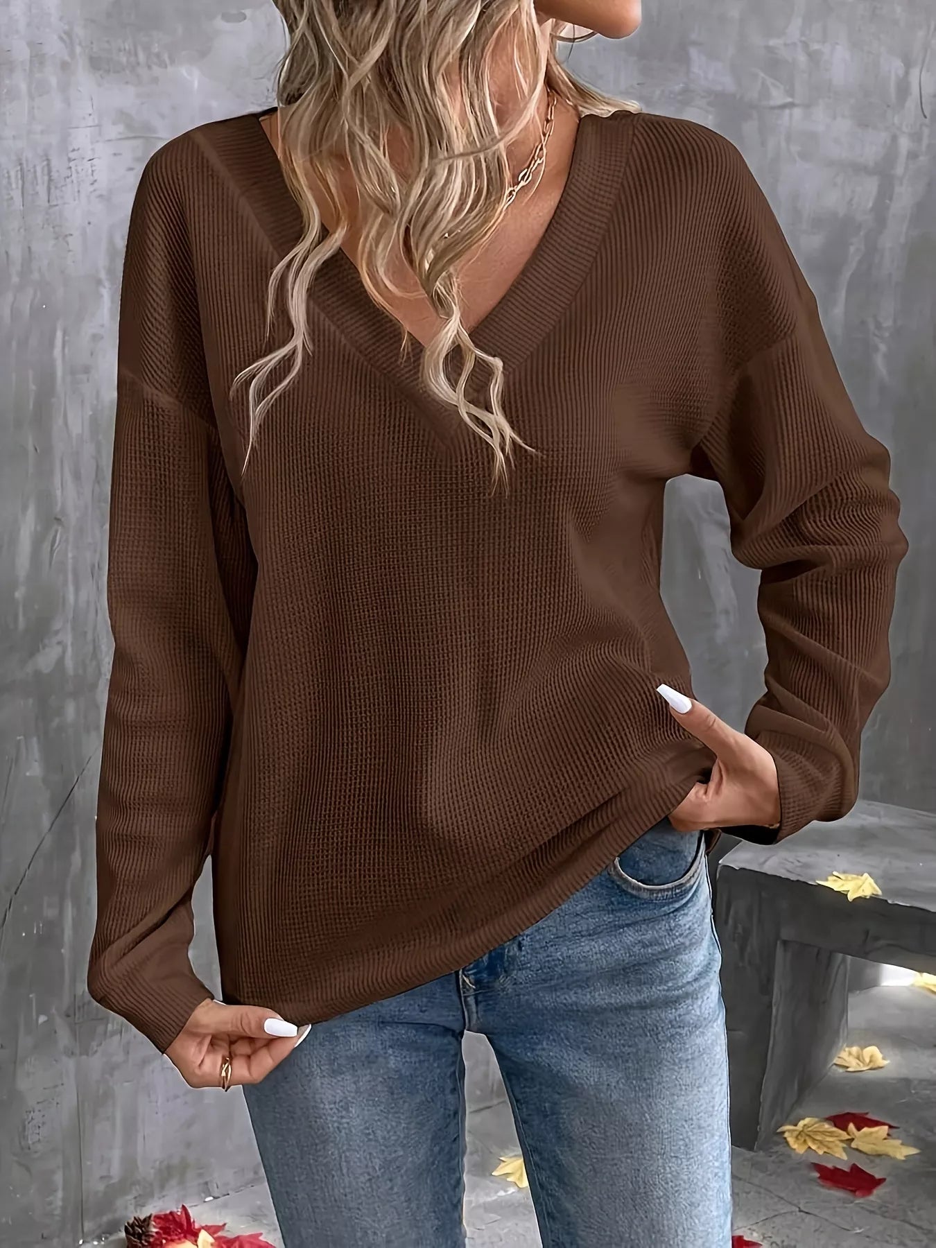 V-Neck Waffle Knit T-Shirt