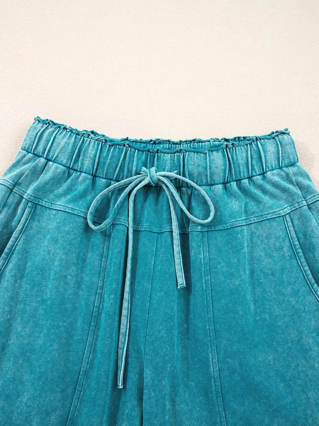 Women’s Teal Mineral Wash High Waist Pants – Relaxed Fit Patched Pocket Denim Trousers