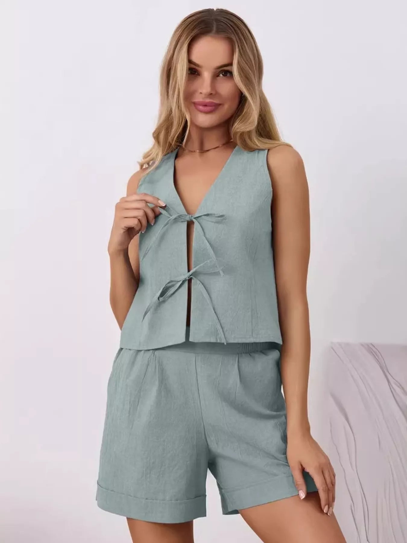 Tie-Front Sleeveless Top and Shorts Set