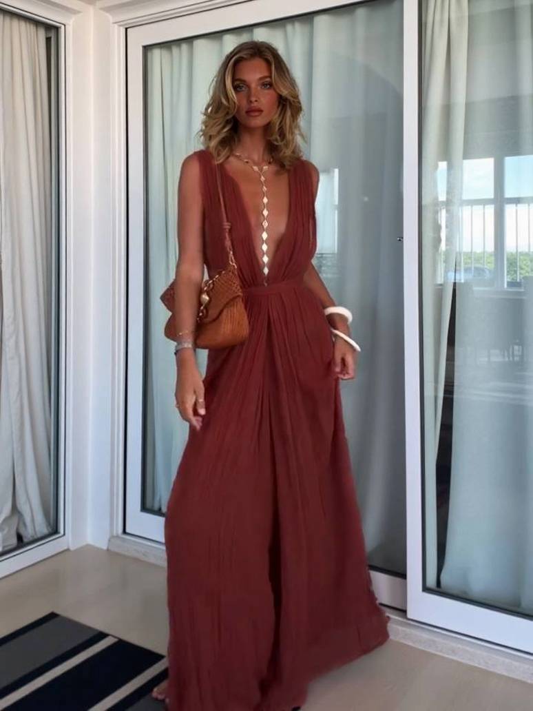 Vacation Style V-neck Lace-up Jumpsuit Brown-red