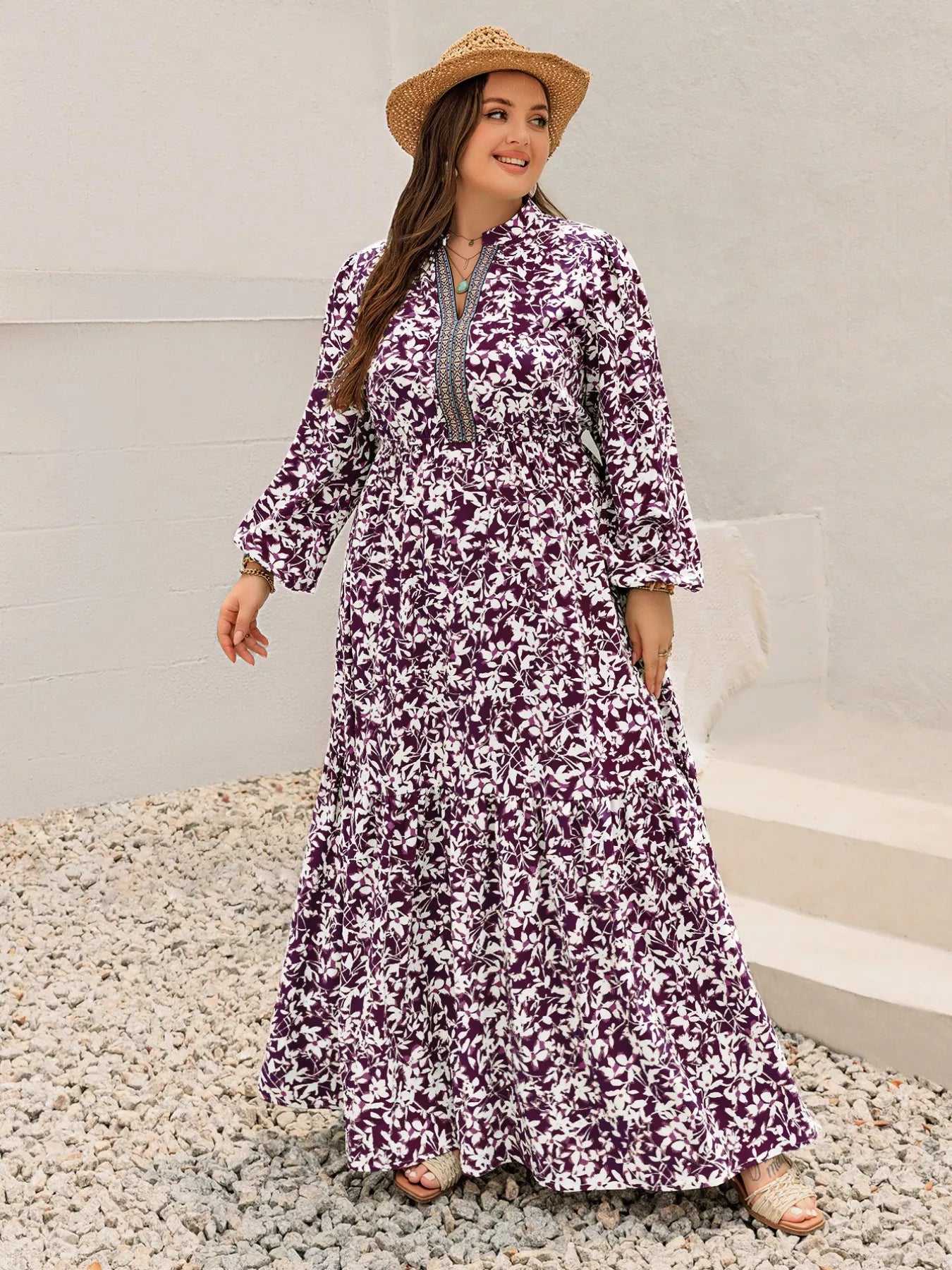 Plus Size Floral Print Maxi Dress with Long Sleeves
