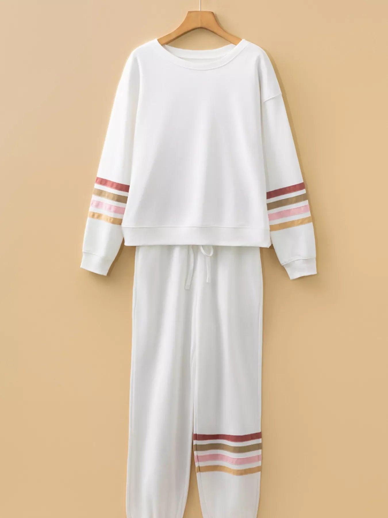 Striped Trim Round Neck Top and Pants Set