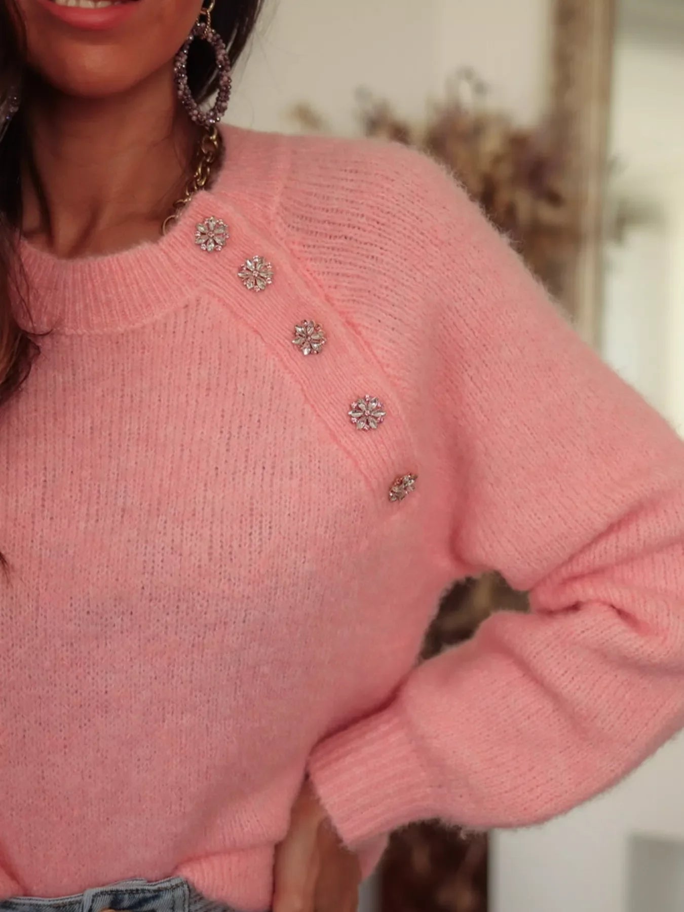 Women’s Dusty Pink Button Detail Sweater – Ribbed Hem Knit Pullover for Fall & Winter