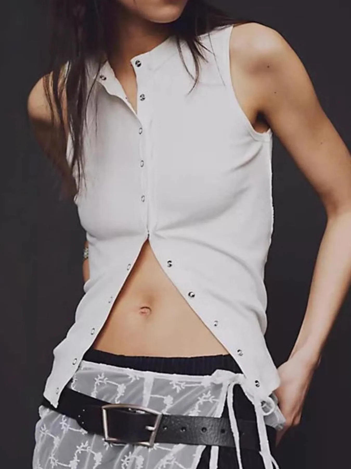 Snap Down Round Neck Ribbed Slim Tank Vest