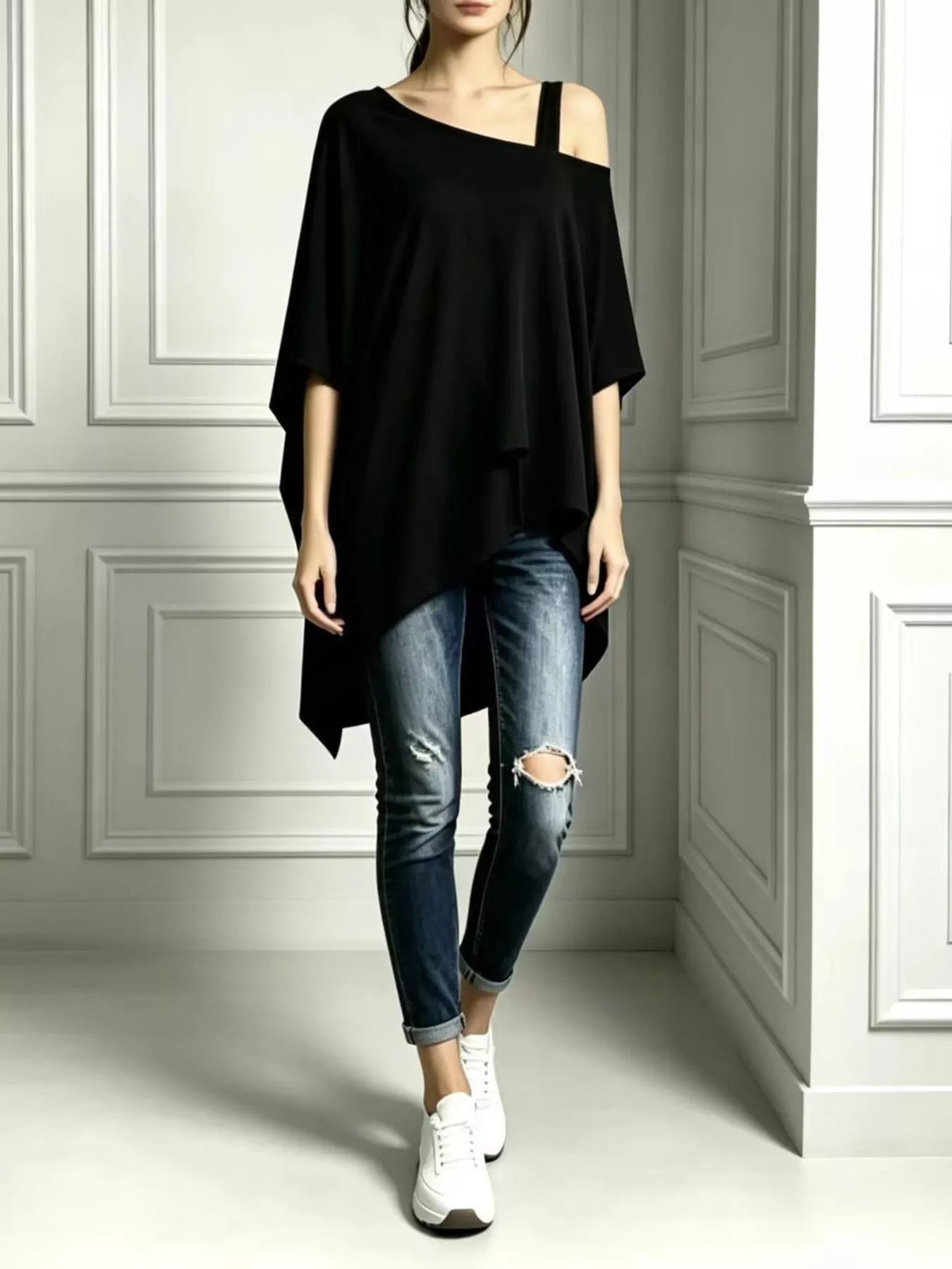 Plus Size Asymmetrical Neck Short Sleeve T-Shirt Plus Size Black