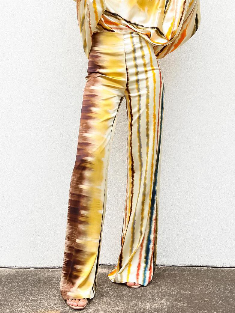 Exquisite Satin Gradient Irregular Stripe Pants Yellow