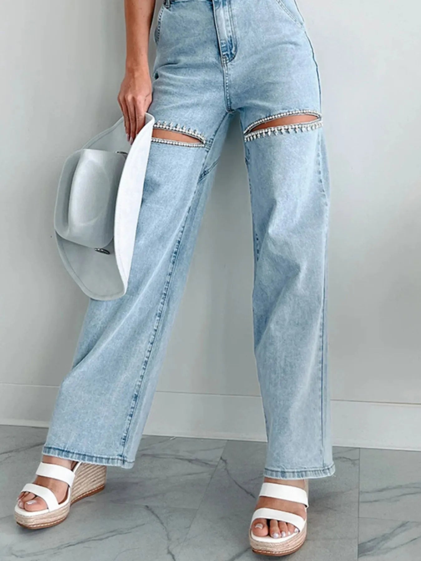 Ripped Wide Leg Wash Denim Jeans