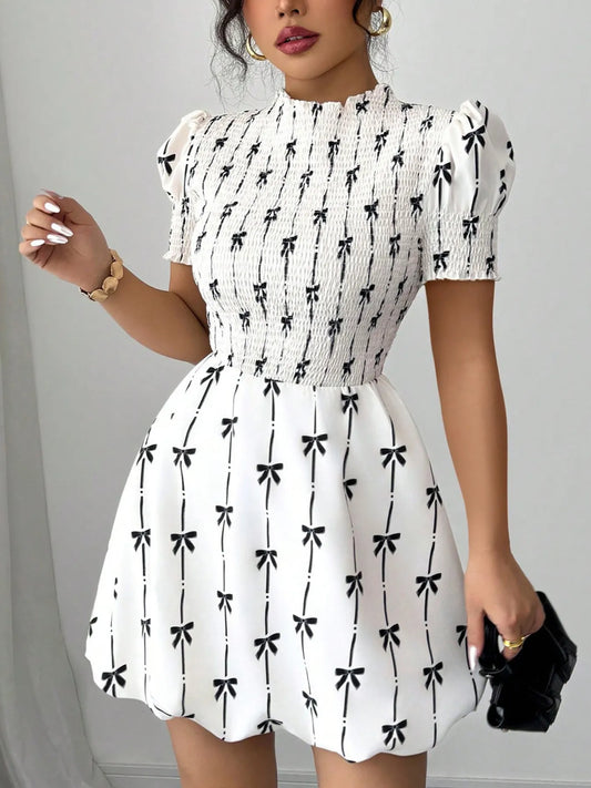 Smocked Bow Print Short Sleeve Dress – White Mini Dress with Black Bow Ties