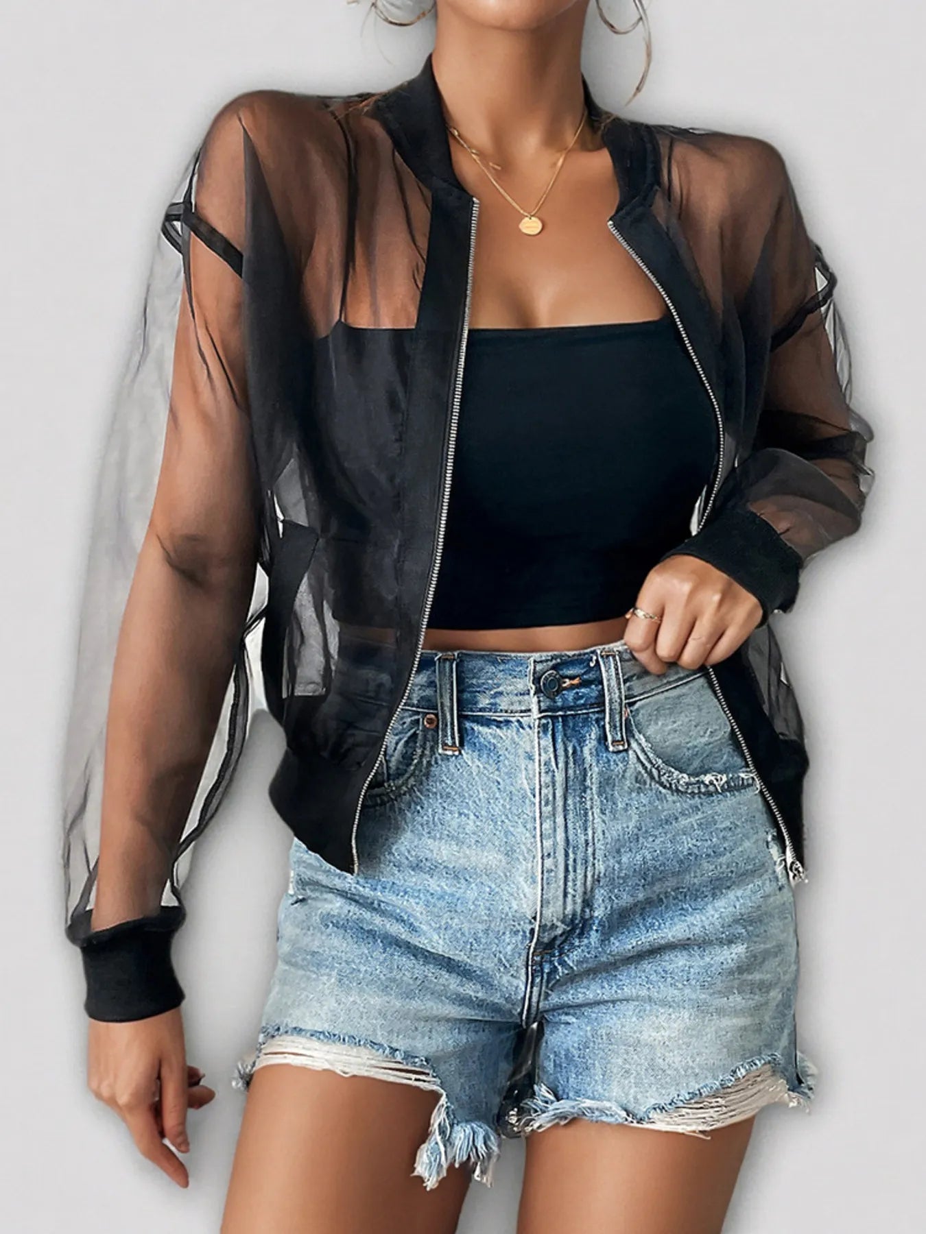 Sheer Mesh Zip Up Jacket