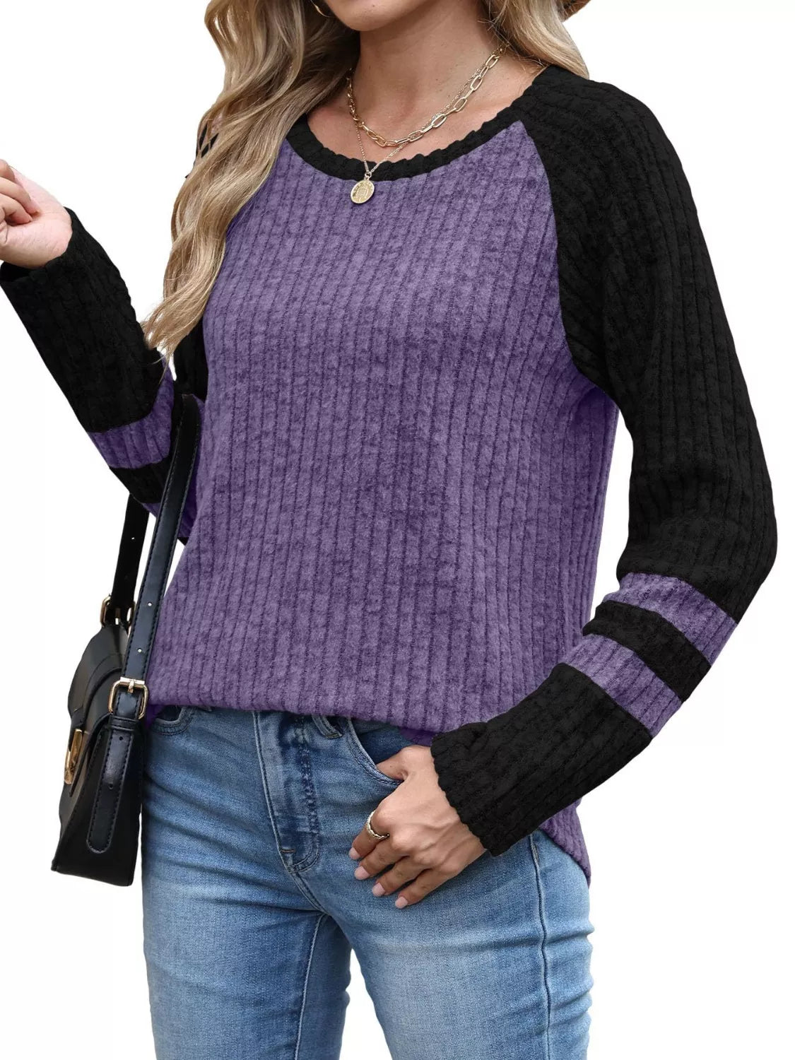 Ribbed Knit Raglan Long Sleeve T-Shirt