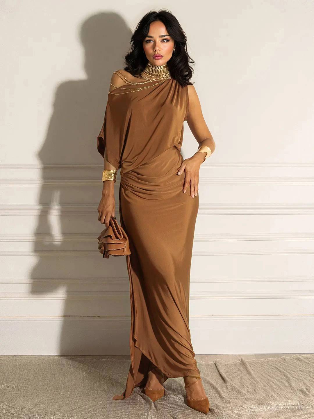 Oblique Collar Off-Shoulder Pleated Maxi Dress Orange-brown