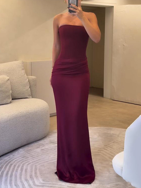 Elegant Strapless Draped Satin Maxi Dress