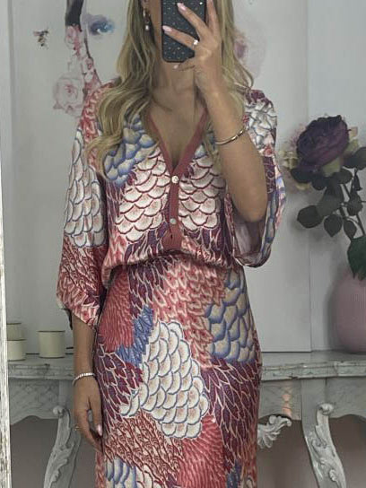 Elegant Vintage Satin Floral Print Loose Shirt Red
