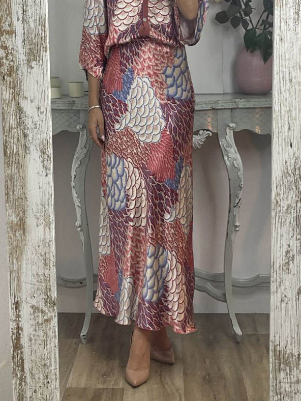 Elegant Vintage Satin Floral Print Fishtail Skirt Red