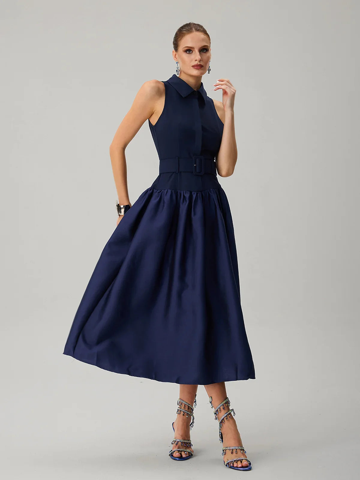 Maddie Navy Tailored Belted Midi Dress