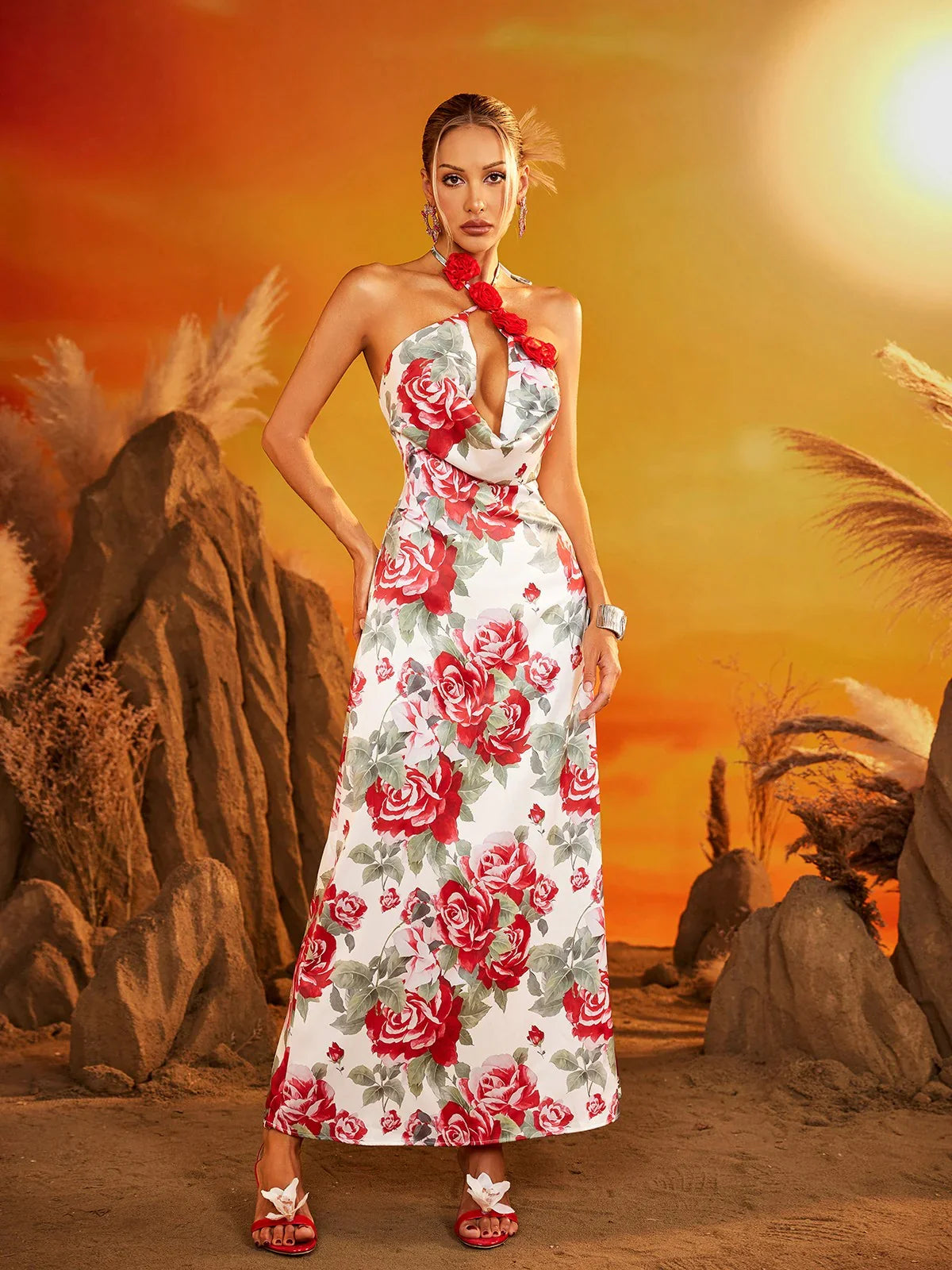 Rosa Flower Halter Maxi Dress