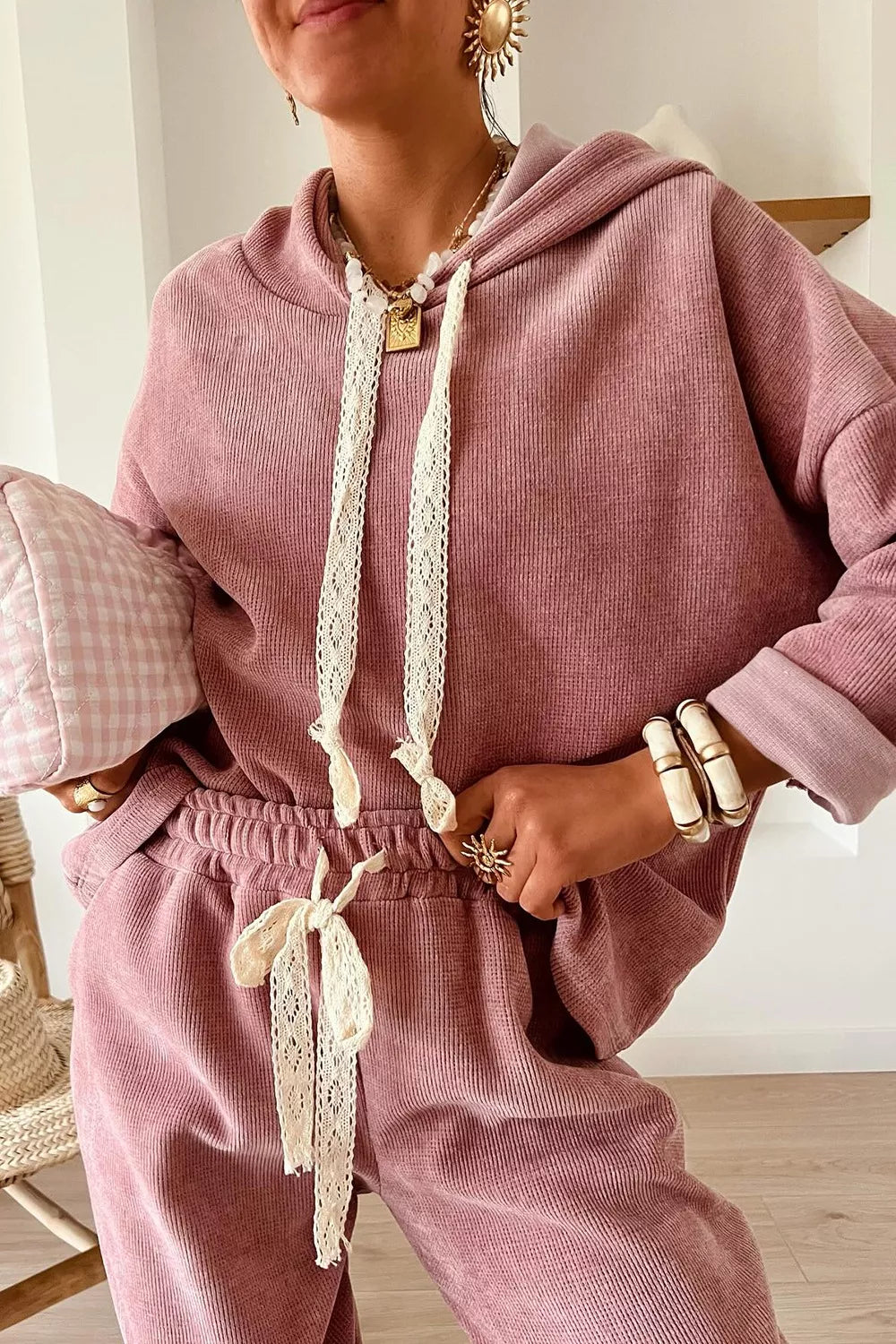 Dusty Pink Lace Detail Dropped Shoulder Hoodie & Pants Set