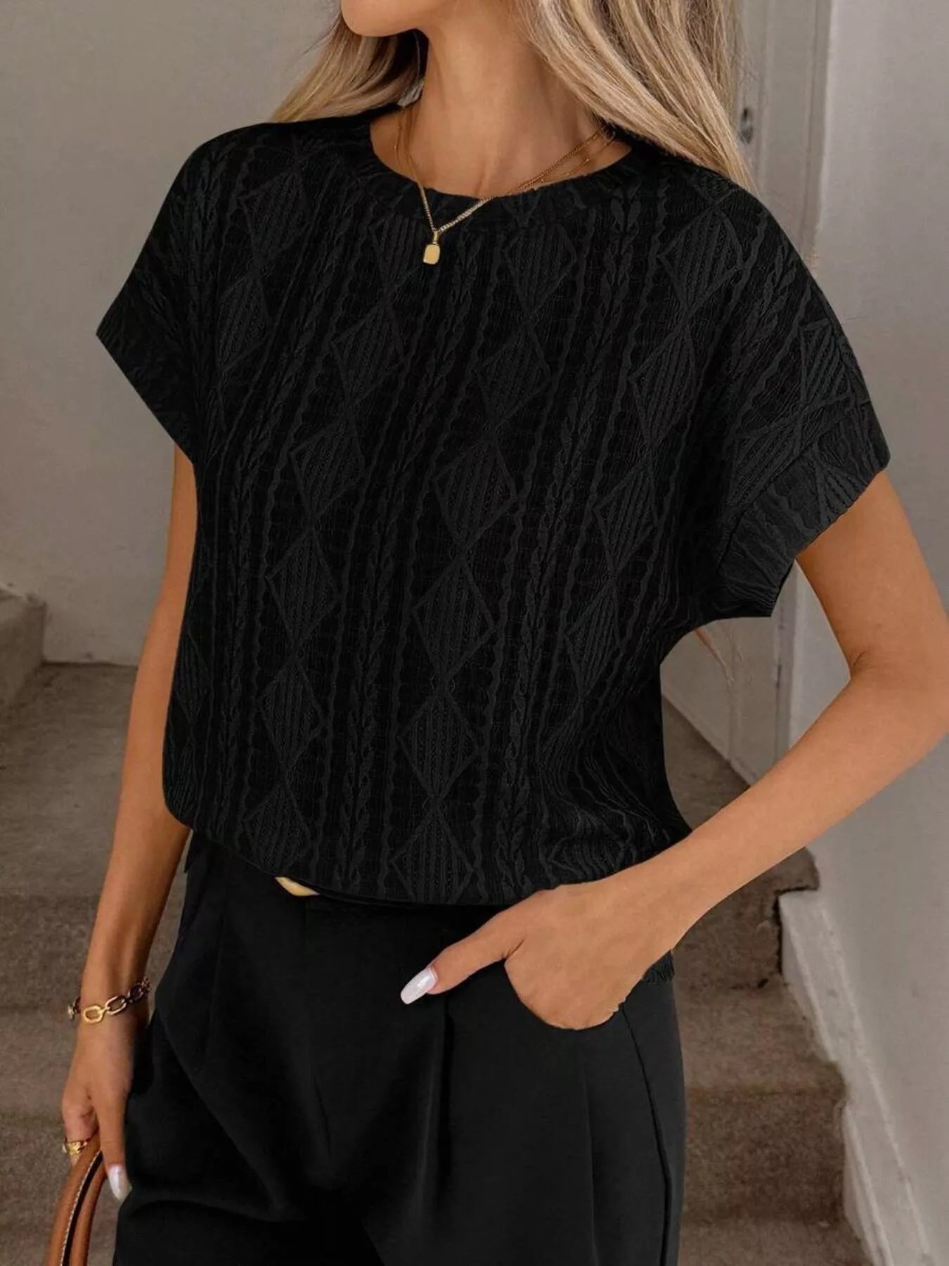 Diamond Pattern Round Neck Top