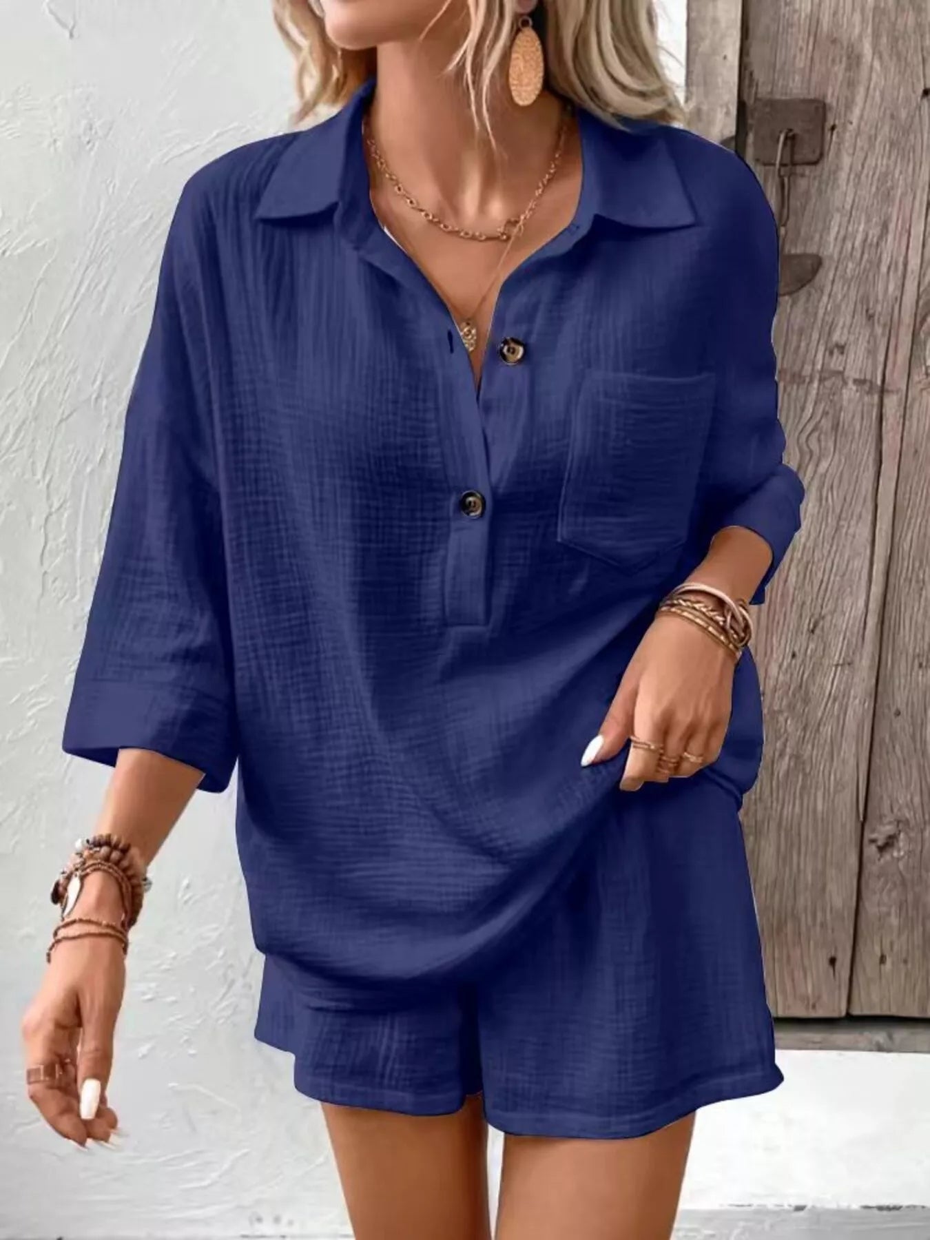 Button Detail Top and Shorts Set