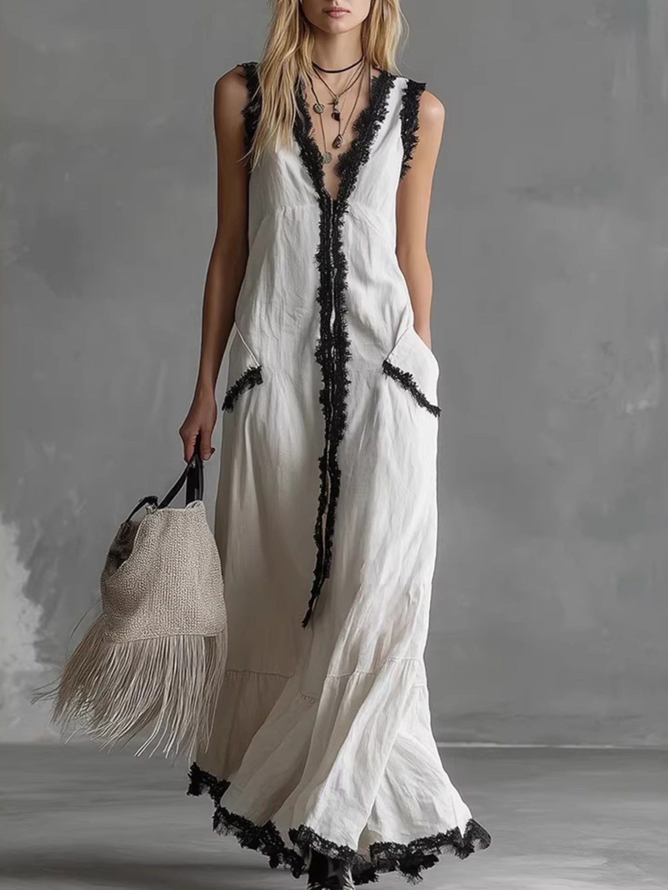 Contrast Trim Sleeveless Maxi Dress