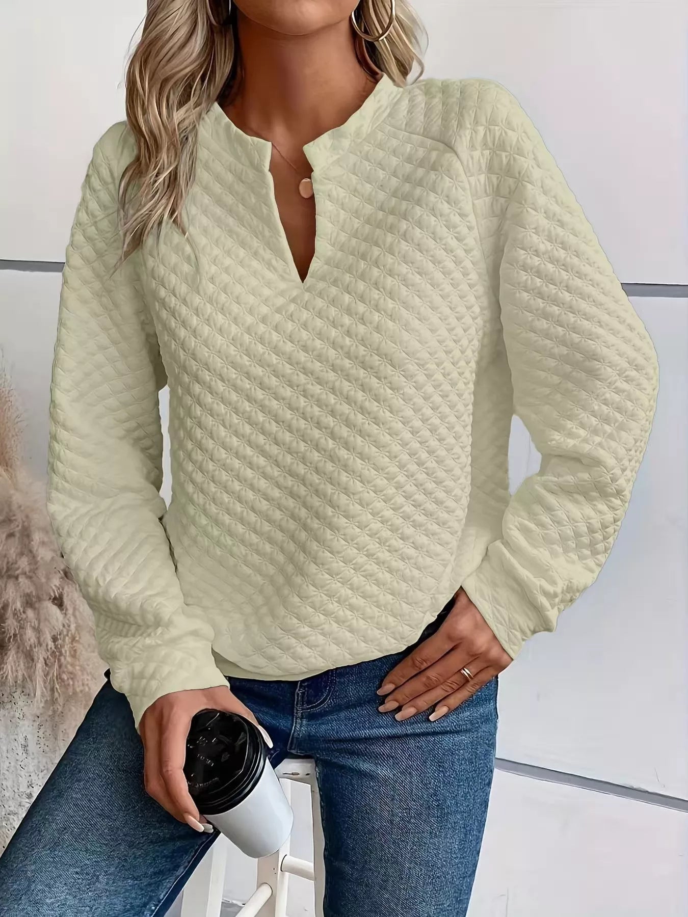 Textured Notched Raglan Sleeve Sweatshirt