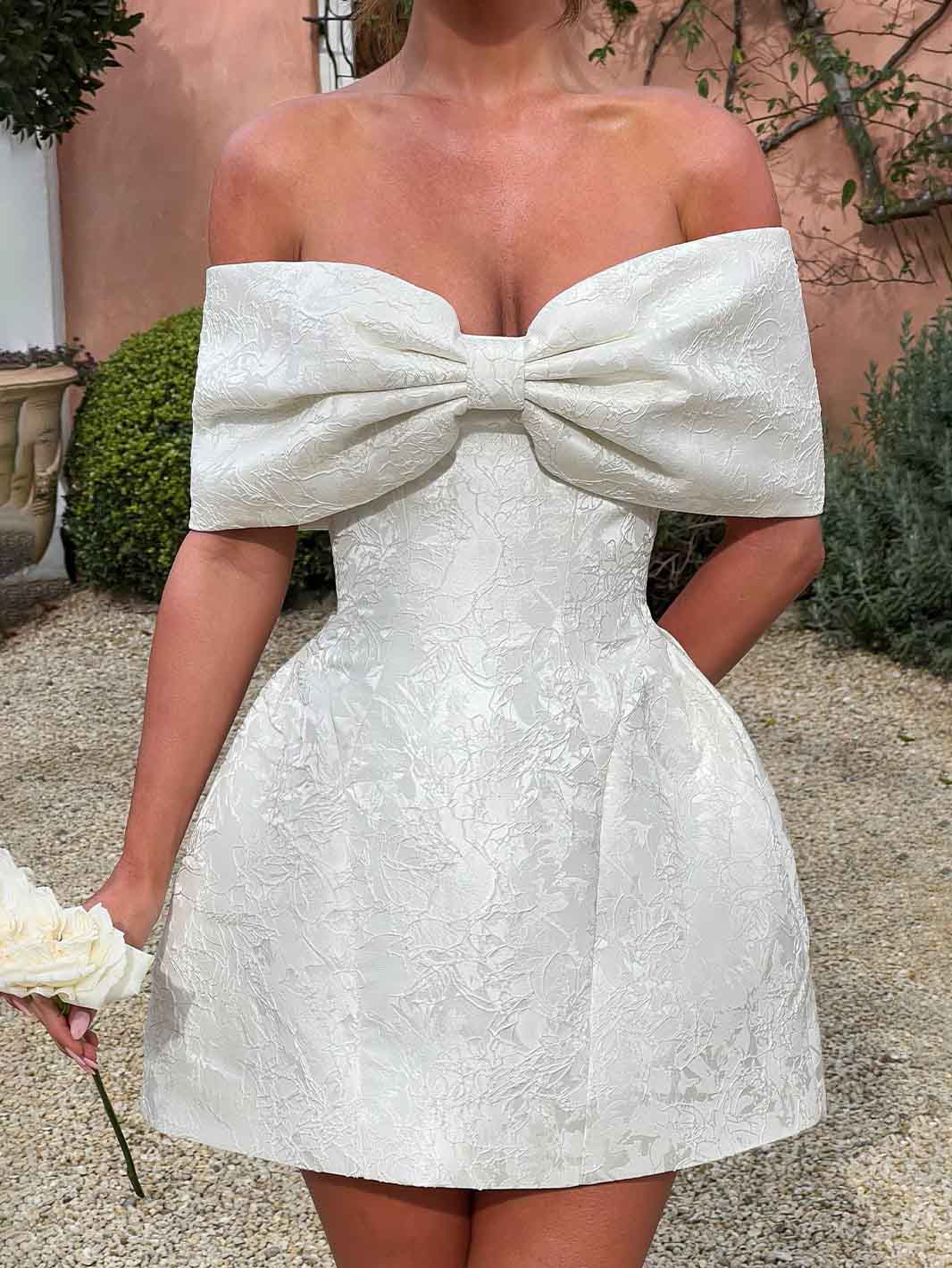 Elegant Bow Off-the-shoulder Jacquard Mini Dress White