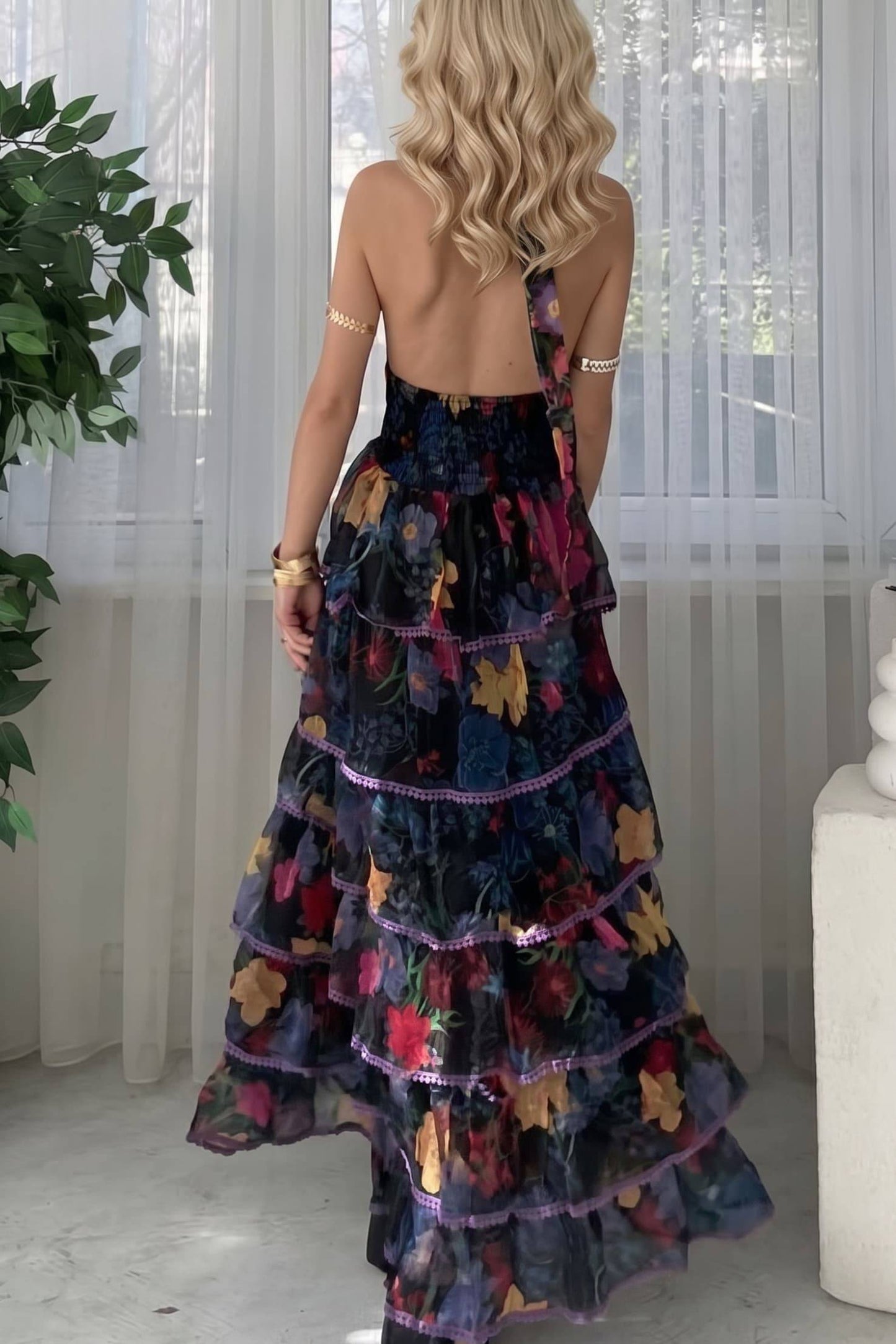 V-Neck Printed Ruffled Dress