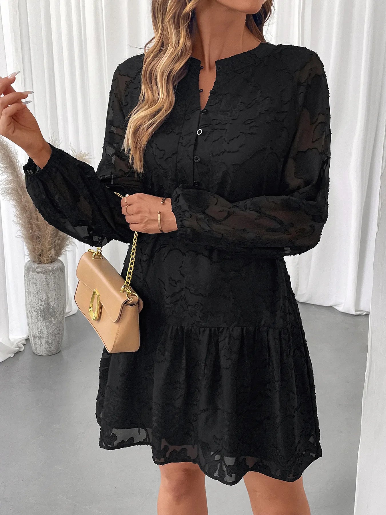 Button-Front Balloon Sleeve Mini Dress