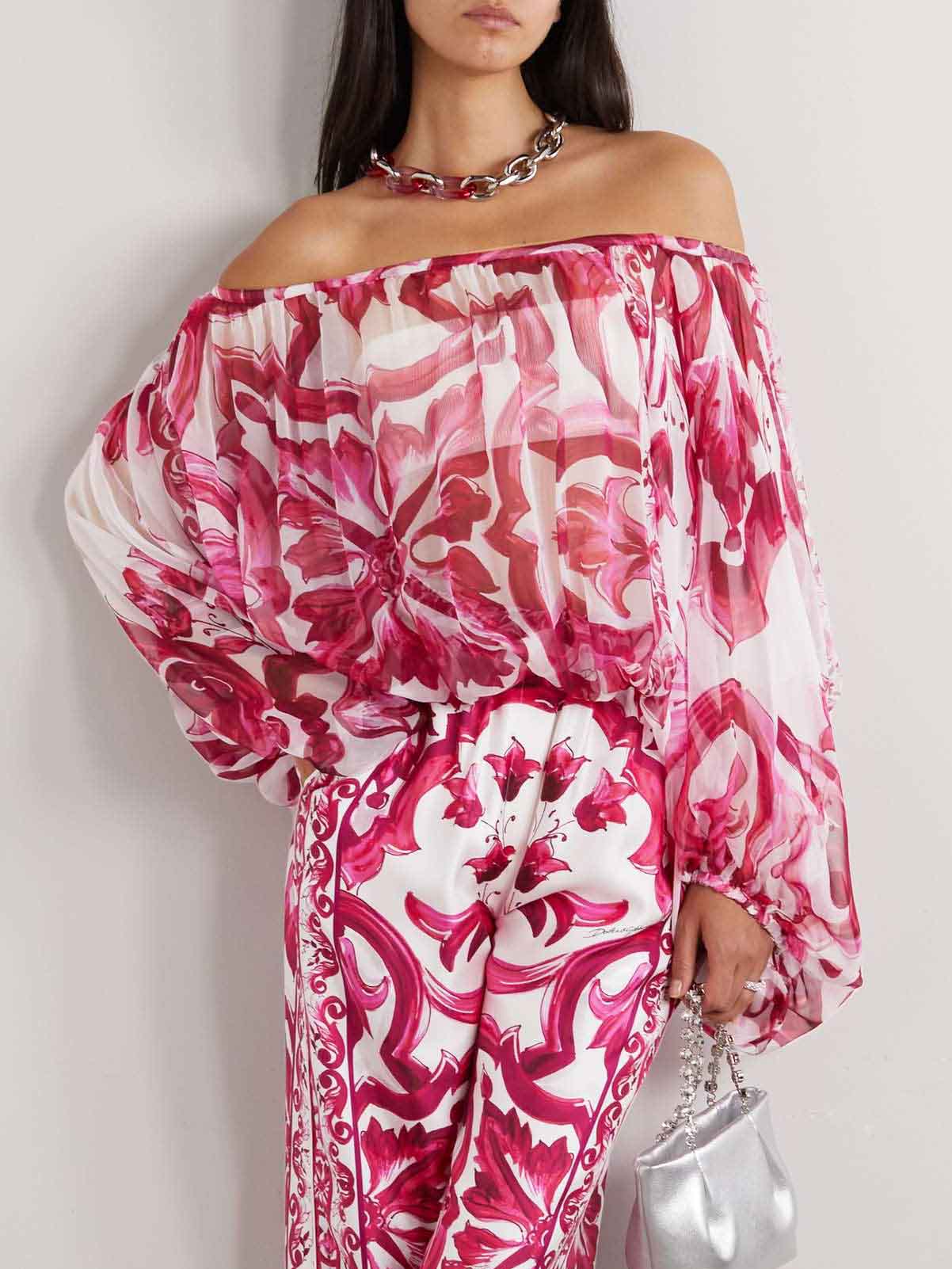 Elegant Baroque Floral Print Off-Shoulder Chiffon Two-Piece Set Pink Top