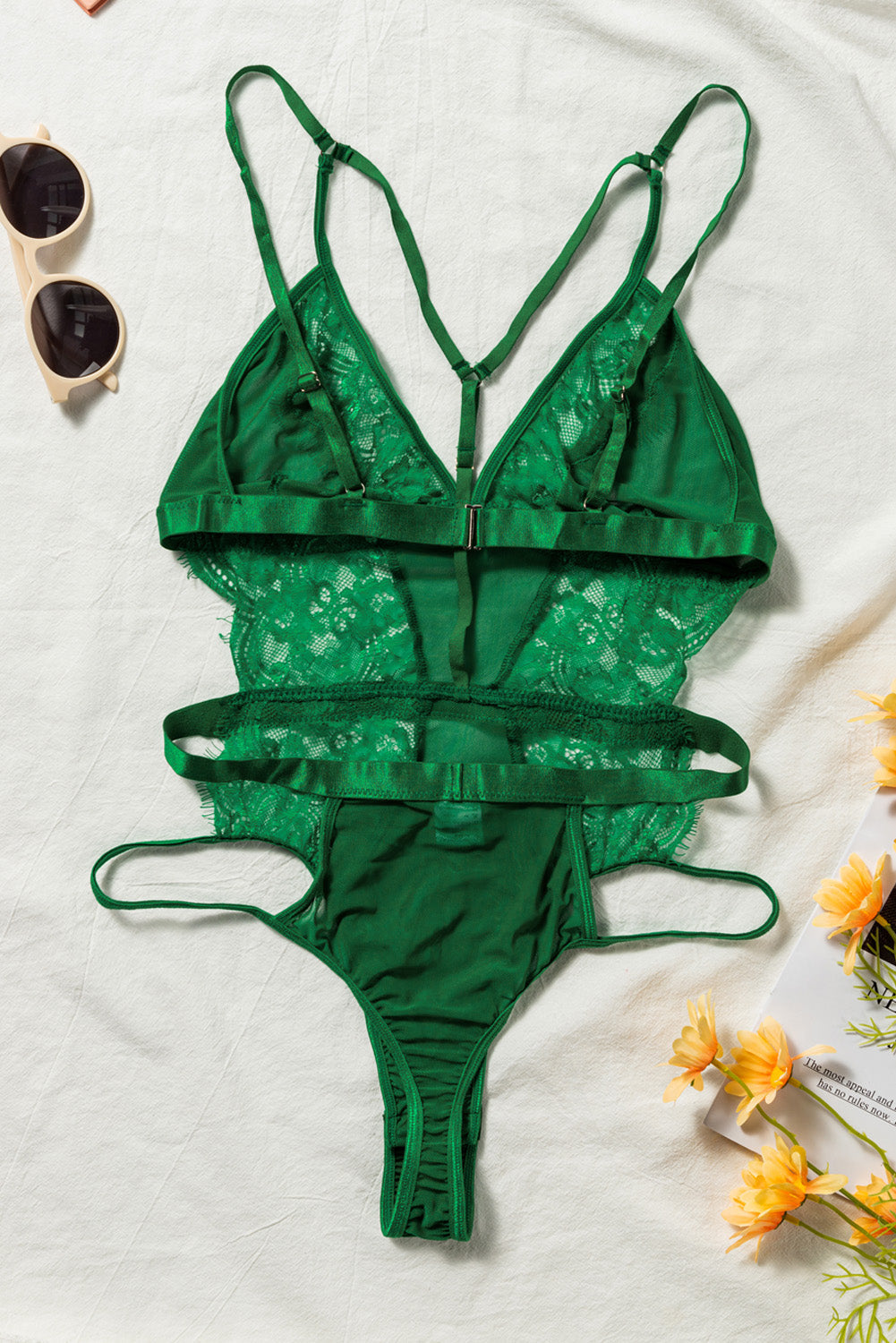 Ladies Satin , Mesh Teddy with Front Detail at Bust in Blk, Burgundy & Hunter Green