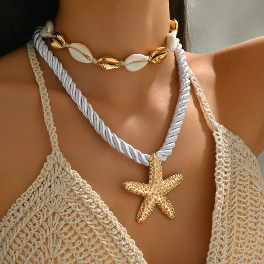 Boho Beaded Shell Starfish Necklace Set – Trendy 2-Piece Rope Jewelry for Women