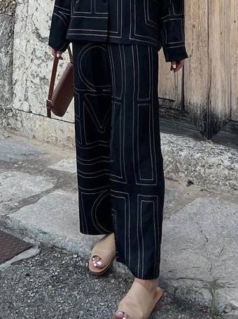 Geometric Letter Print Shirt Wide Leg Suit-Pants Black