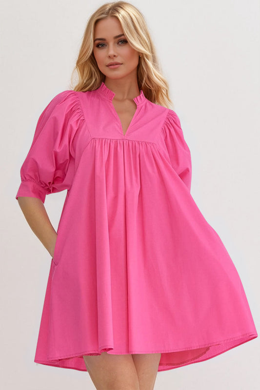 Puff Sleeve Notched Babydoll Mini Dress