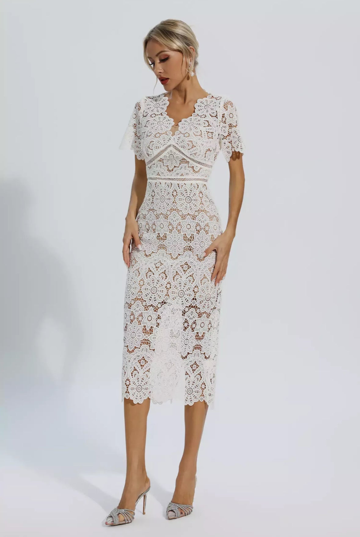 White lace cutout midi dress