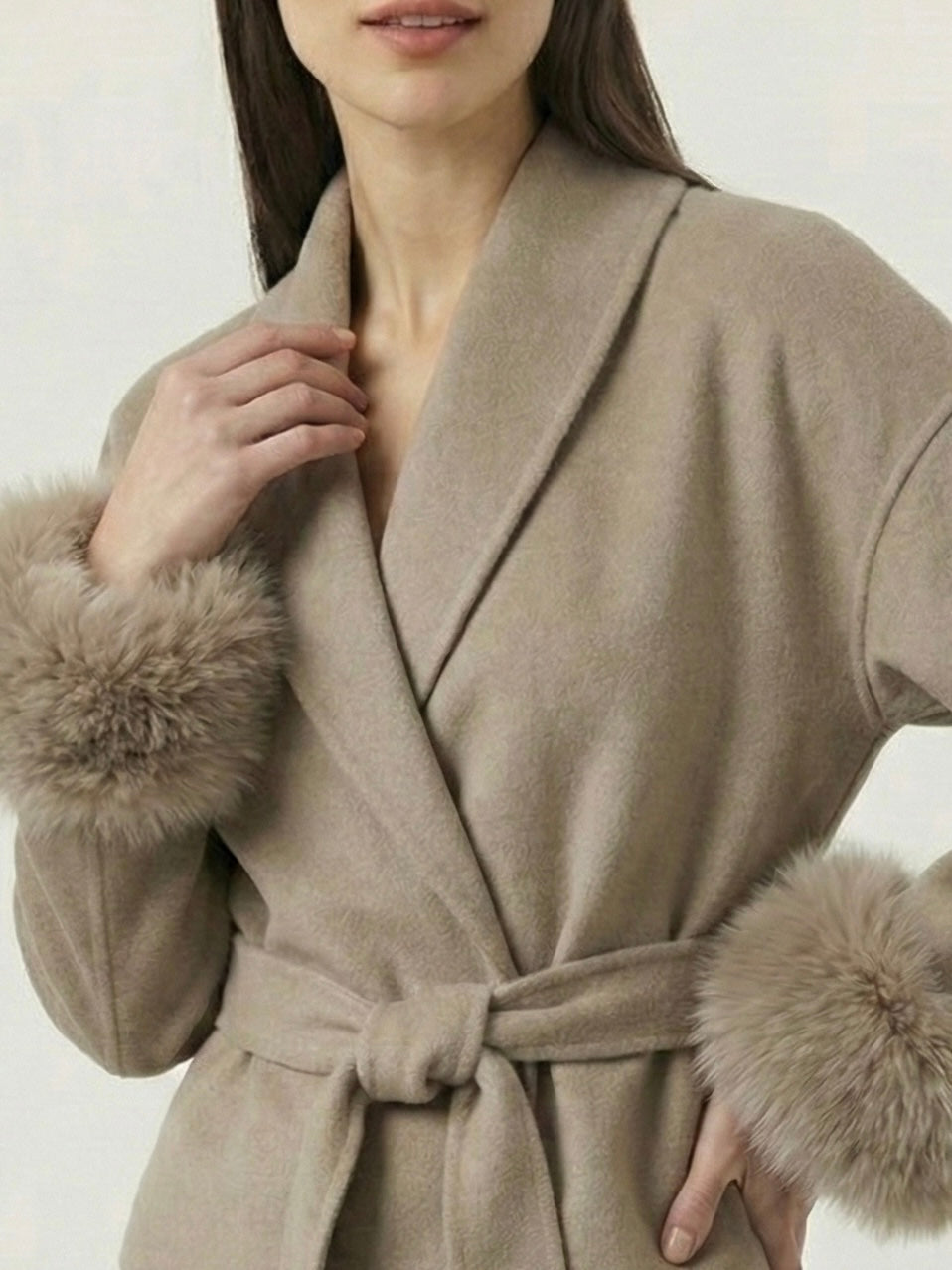Celine | Belted Coat with Faux Fur Cuffs