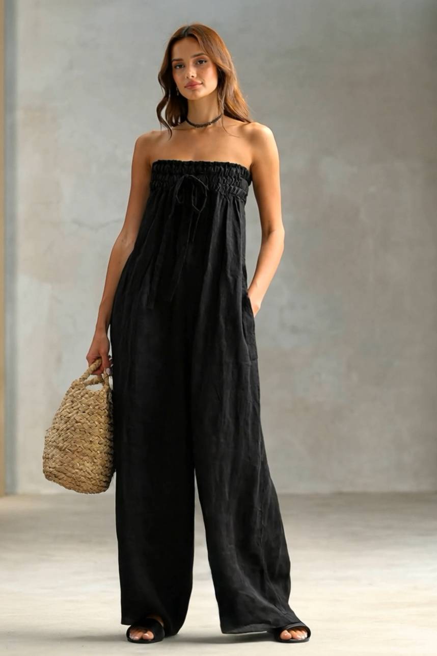 Pleated Design Strapless Jumpsuit