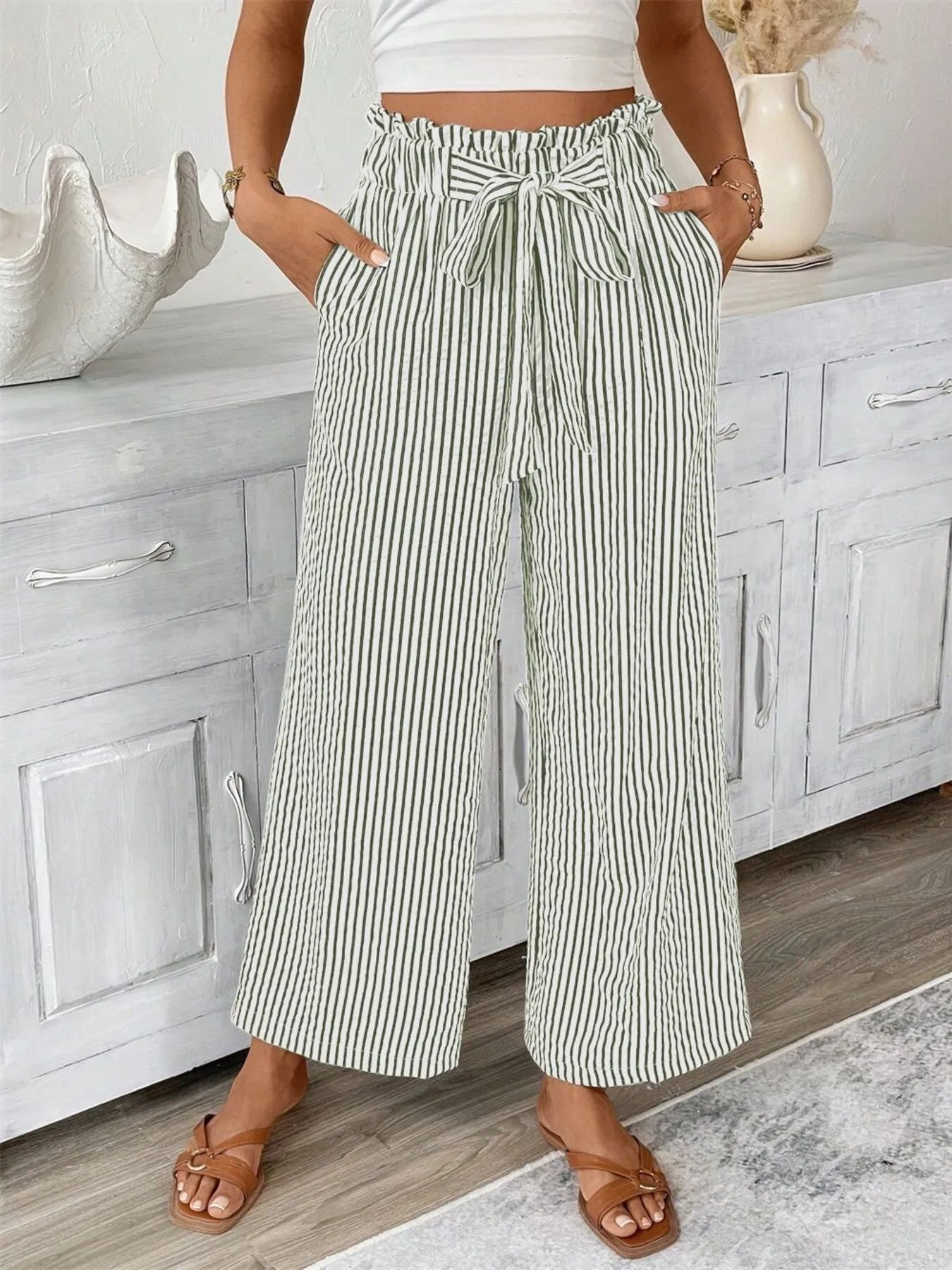 Signature Striped Paper Bag Pants (Full Size)